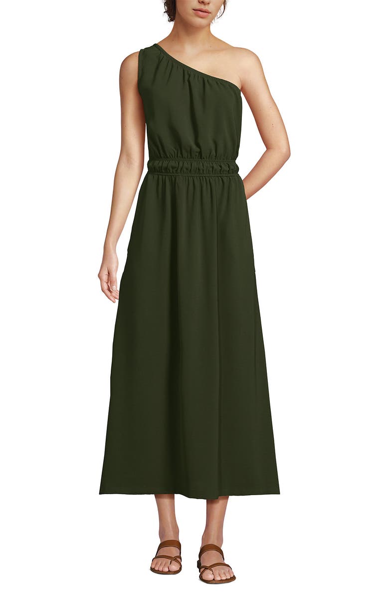 Lands' End Creaseless One Shoulder Midi Dress, Alternate, color, Dark Cilantro Green