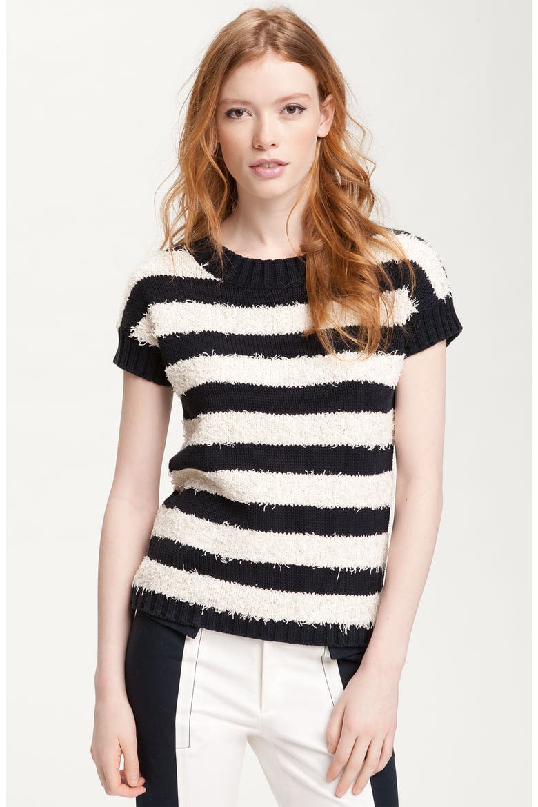 Fringe Stripe Short Sleeve Sweater, Main, color, MIDNIGHT/ ECRU