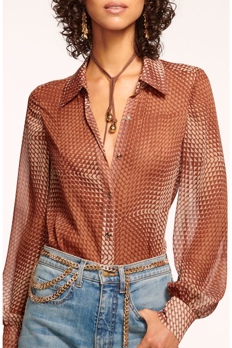 Polly Metallic Stripe Geo Print Button-Up Shirt, Alternate, color, SADDLE GEO