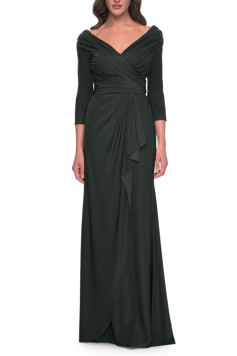 Ruched Long Dress with Ruffle Skirt Detail and Sleeves, Main, color, Dark Emerald