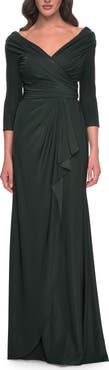 La Femme Ruched Long Dress with Ruffle Skirt Detail and Sleeves