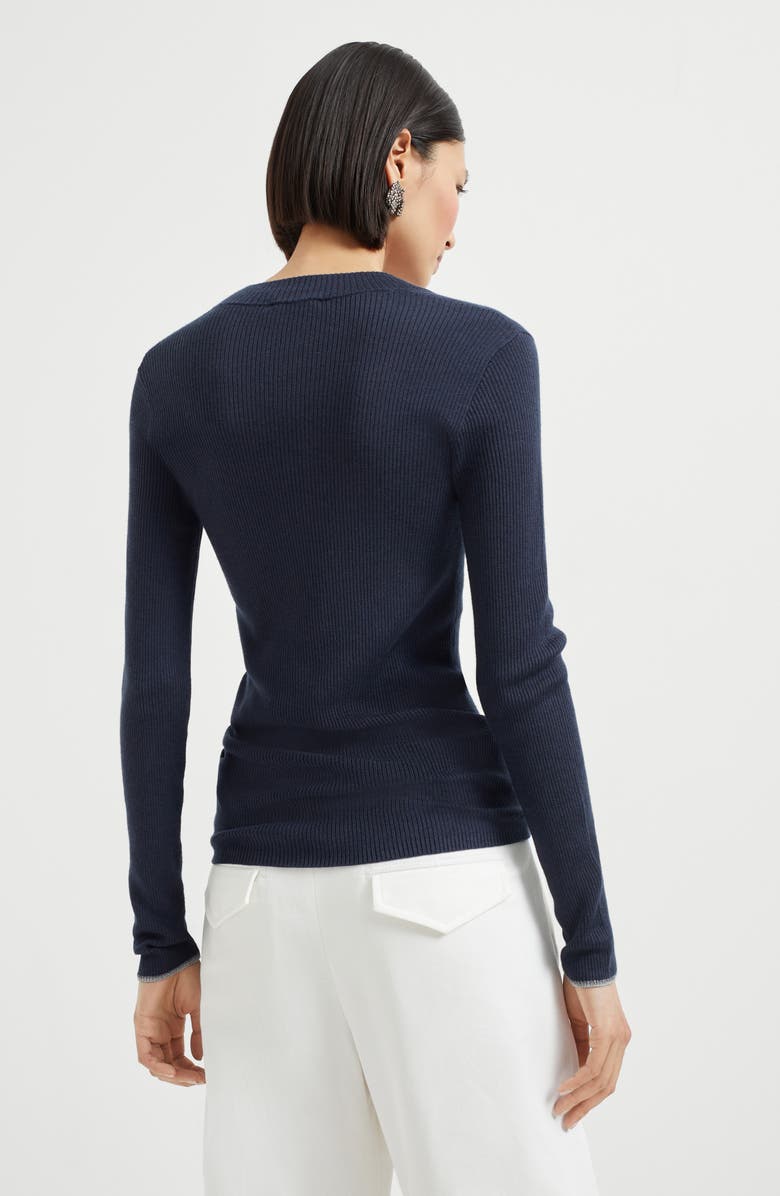 Brunello Cucinelli Lightweight sweater with Sparkling Cuffs, Alternate, color, Navy Blue