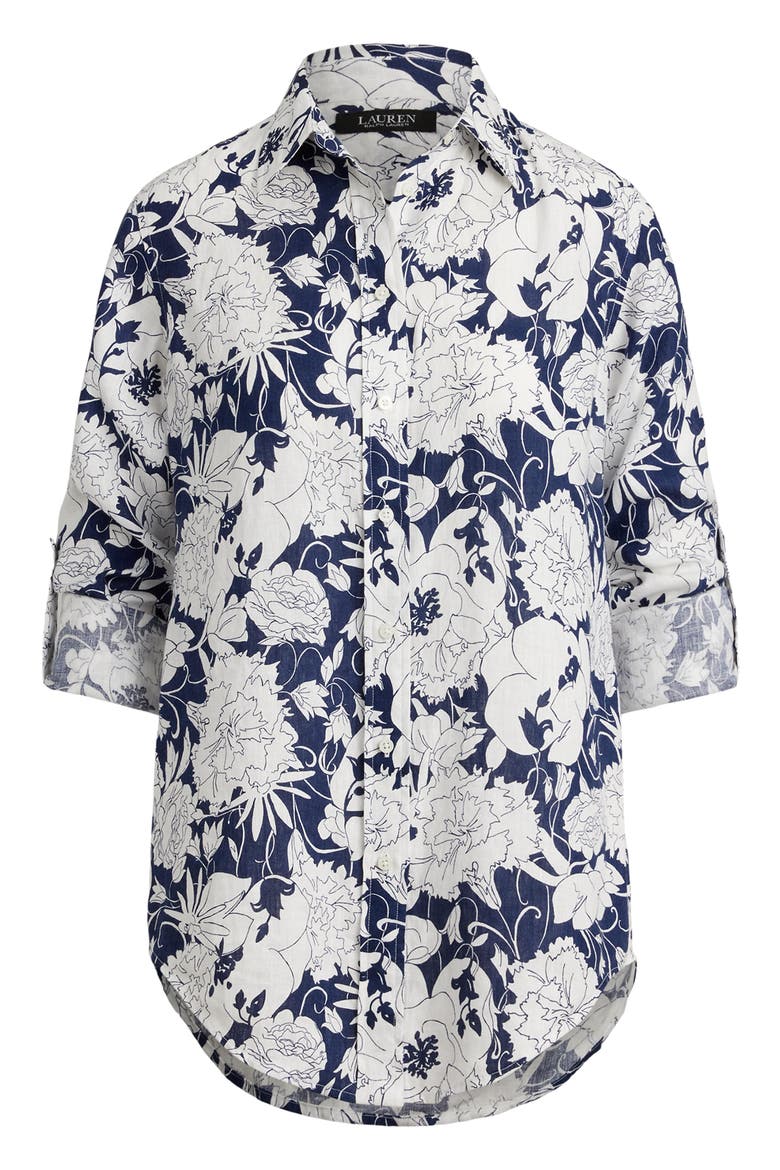 Karrie Floral Linen Button-Up Shirt, Alternate, color, WHITE/ NAVY BLUE