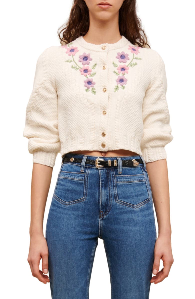 maje Myflor Floral Embroidered Cotton Blend Cardigan, Main, color, 
