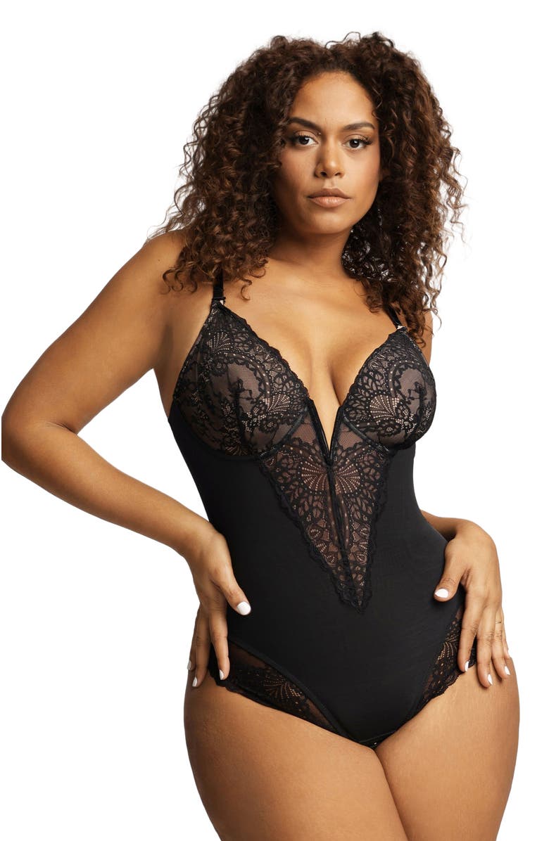 Popilush Shapewear Lace Deep V-Neck Sculpting Thong Bodysuit, Main, color, Midnight Black