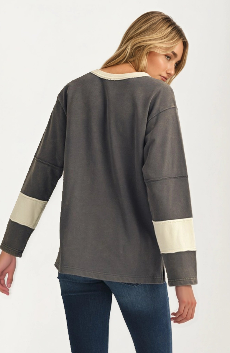 Knit and Lounge Bold Floral Applique Long Sleeve Relaxed Fit Top, Alternate, color, Gray With Floral Applique