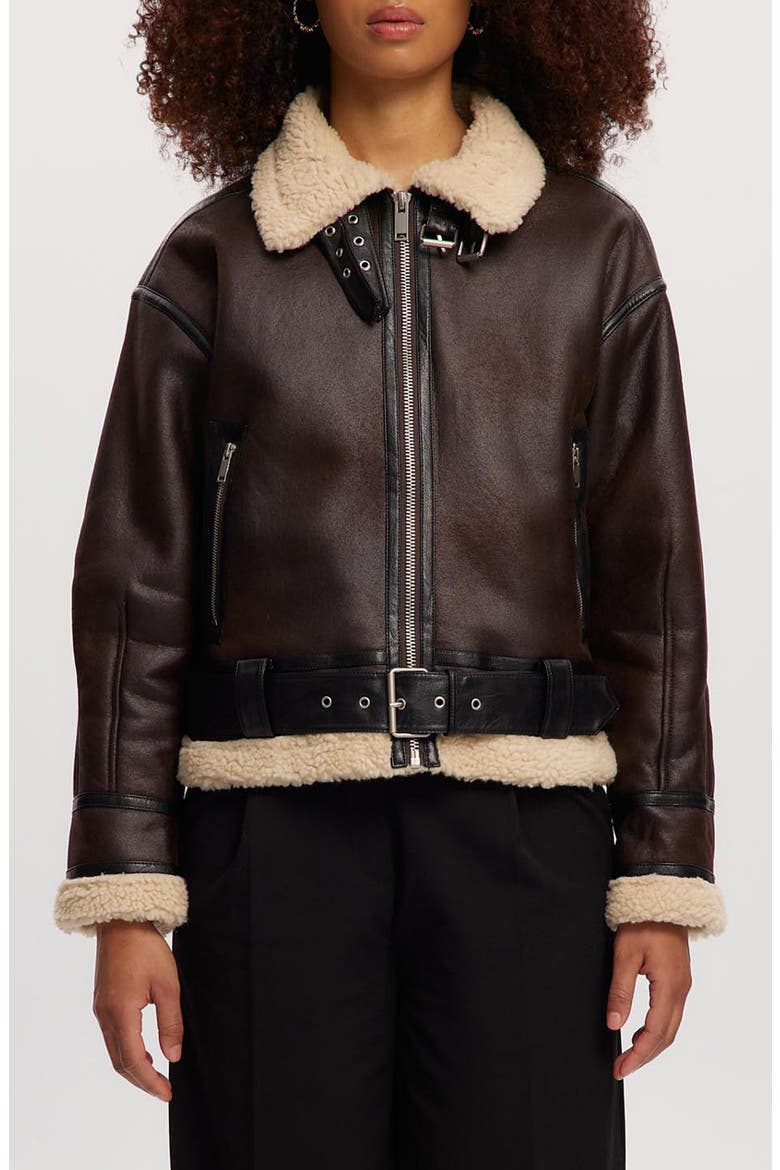 Faux Shearling Trim Faux Leather Jacket, Main, color, COGNAC