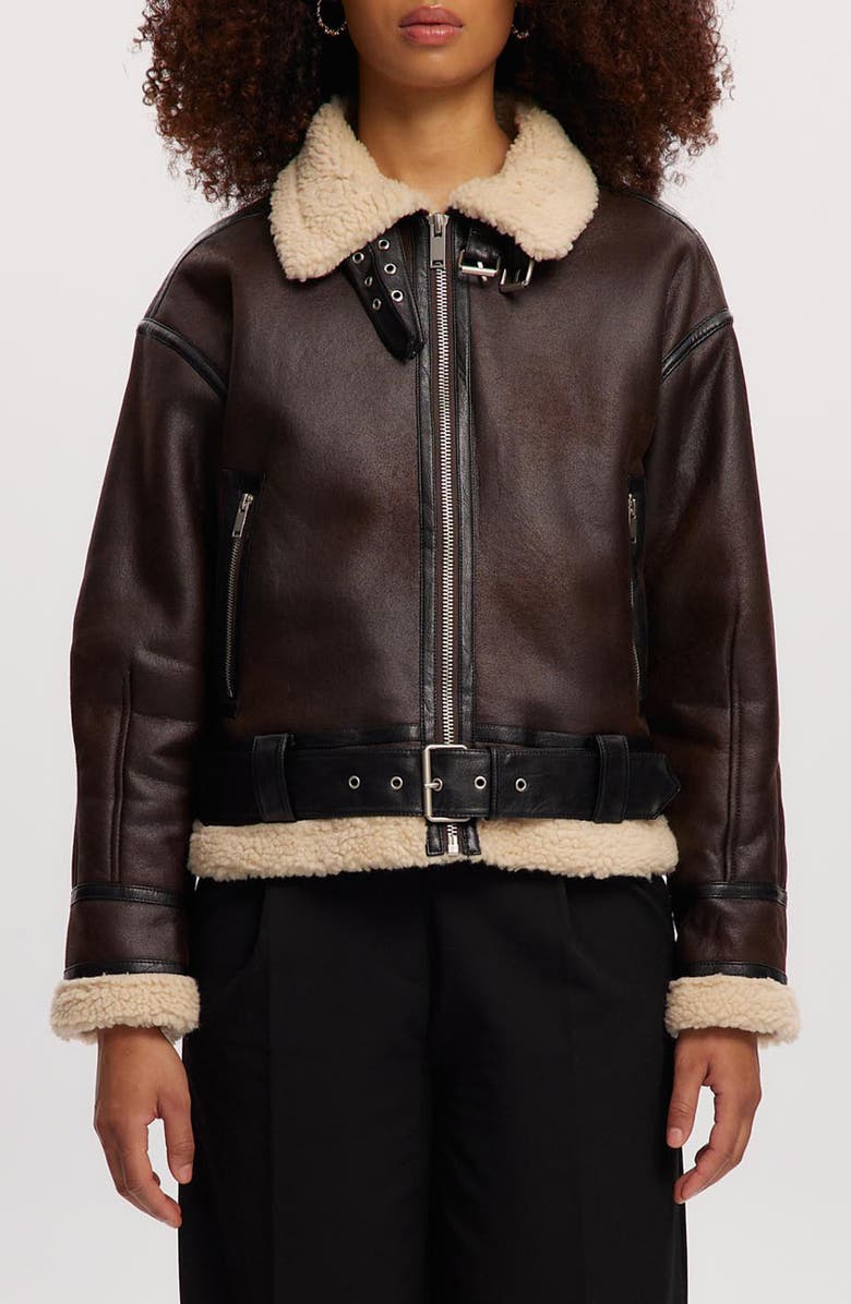 Noize Faux Shearling Trim Faux Leather Jacket, Main, color, Cognac