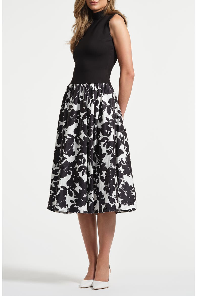 Sleeveless Ponte & Satin Midi Dress, Main, color, NOIR FLORAL