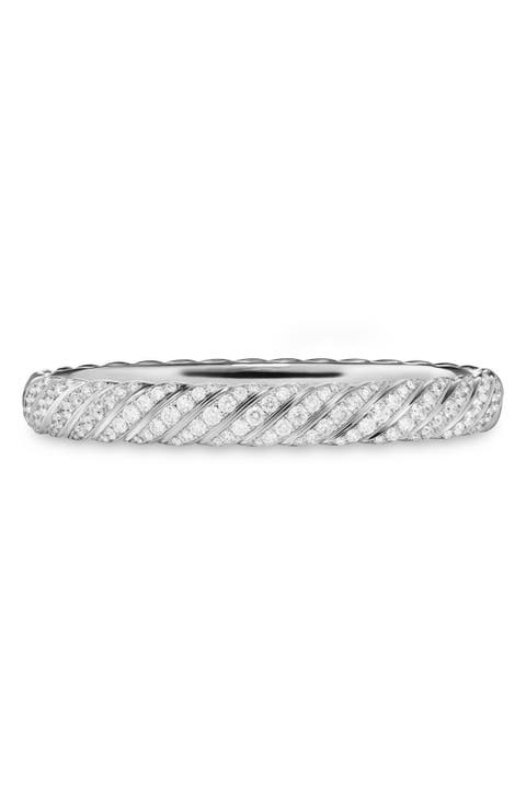 Sculpted Cable Bangle Bracelet in 18K White Gold with Diamonds, 8mm