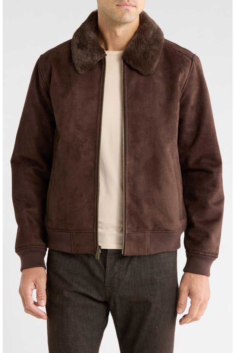 Bonded Faux Suede Bomber Jacket with Faux Fur Collar, Main, color, CHOCOLATE