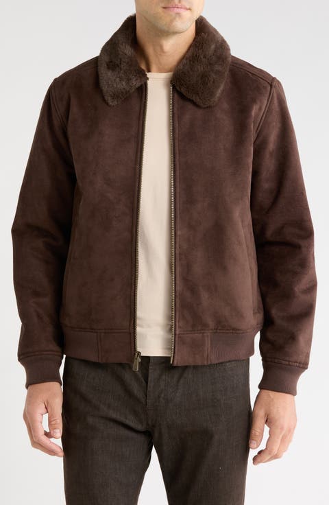 Bonded Faux Suede Bomber Jacket with Faux Fur Collar