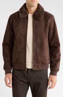 Bonded Faux Suede Bomber Jacket with Faux Fur Collar