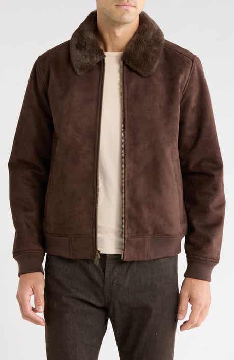 Bonded Faux Suede Bomber Jacket with Faux Fur Collar