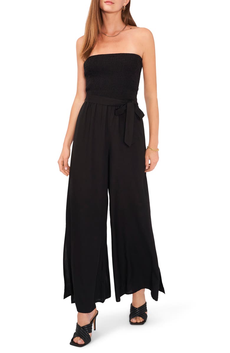 Vince Camuto Strapless Smocked Tie Waist Jumpsuit, Alternate, color, 