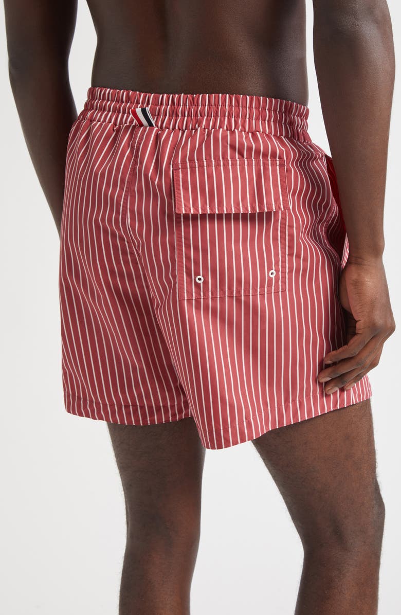 Thom Browne Stripe Nylon Swim Trunks, Alternate, color, Burgundy