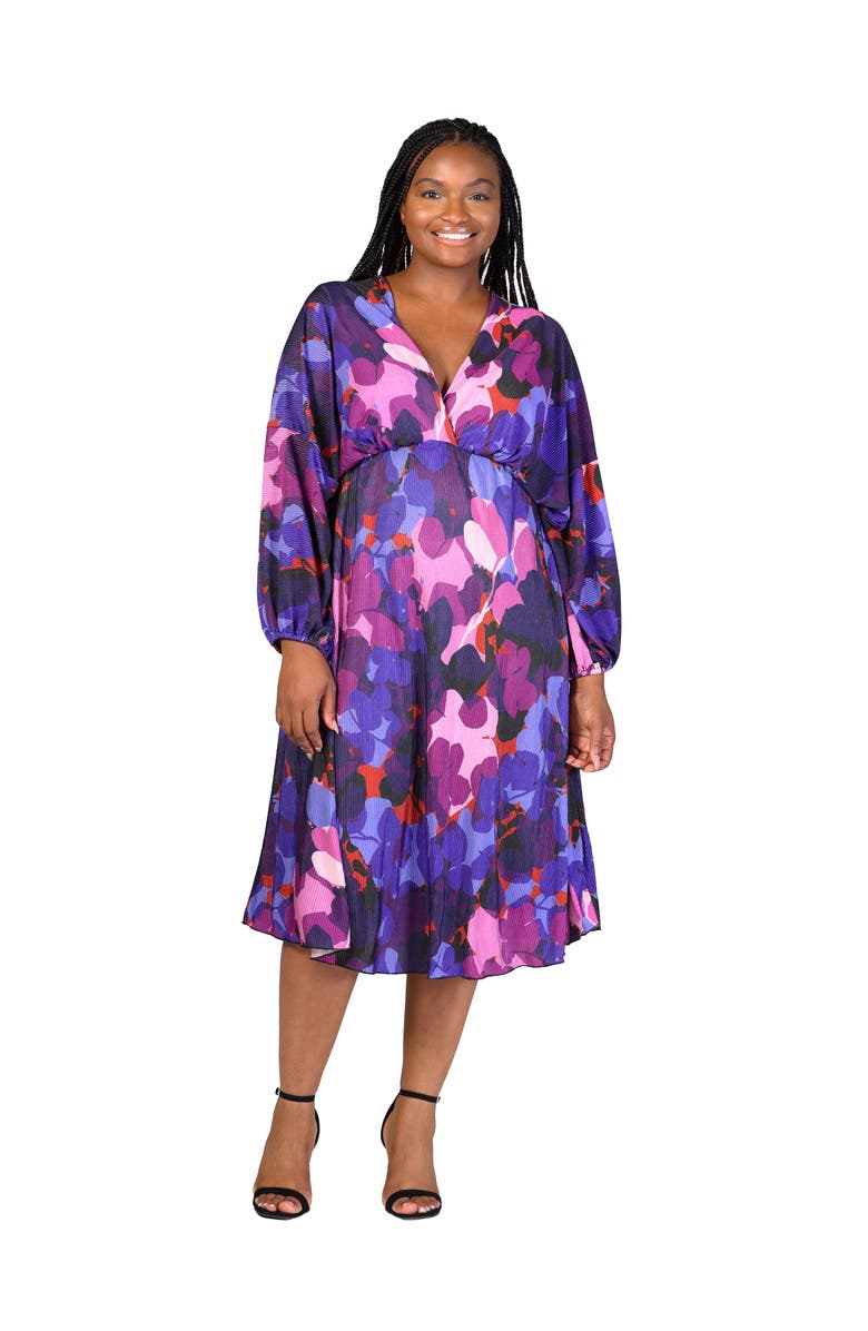 24seven Comfort Apparel Pleated V-Neck Empire Waist Bishop Sleeve Midi Dress, Main, color, Purple Multi