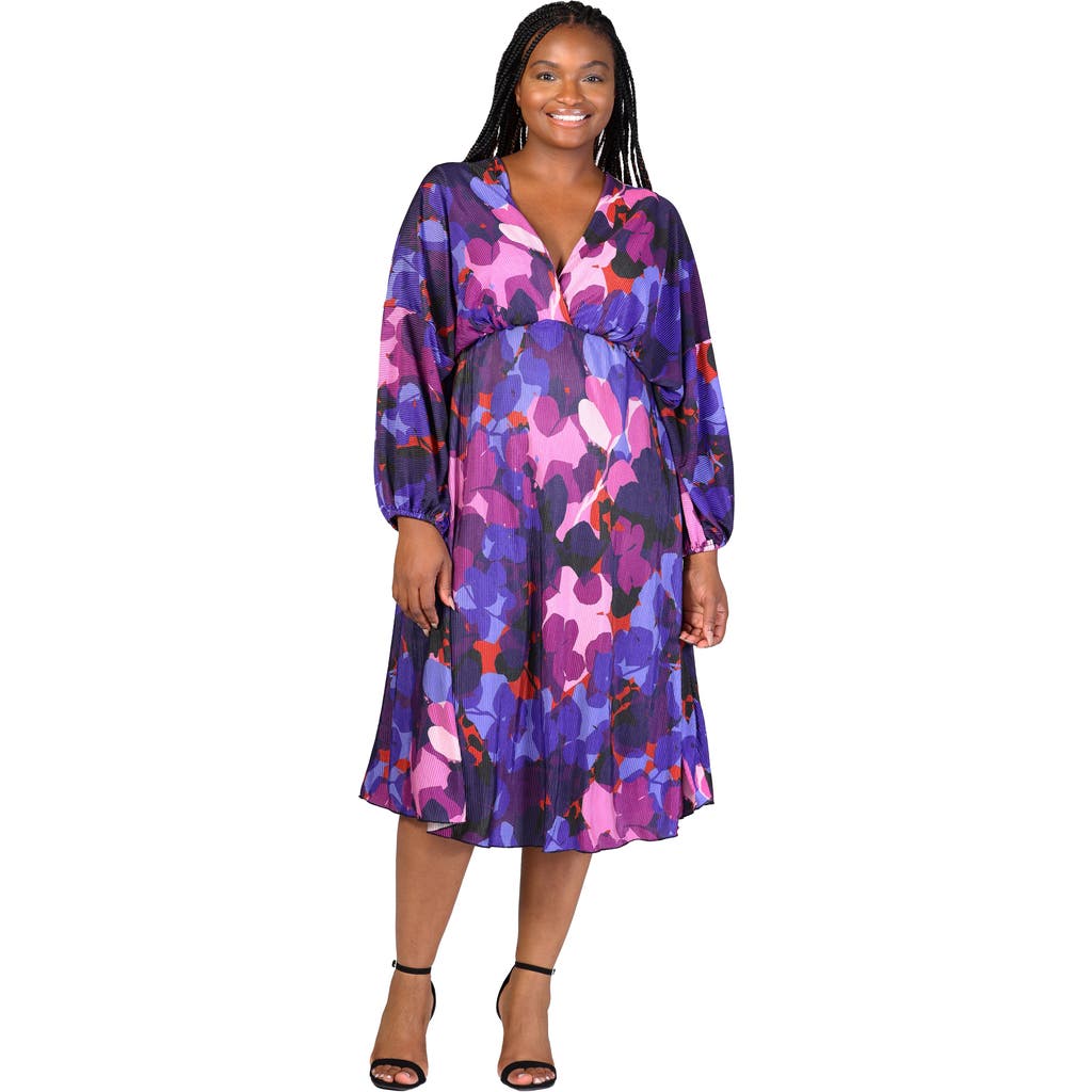 24seven Comfort Apparel Pleated V-neck Empire Waist Bishop Sleeve Midi Dress In Blue