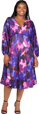 24seven Comfort Apparel Pleated V-Neck Empire Waist Bishop Sleeve Midi Dress