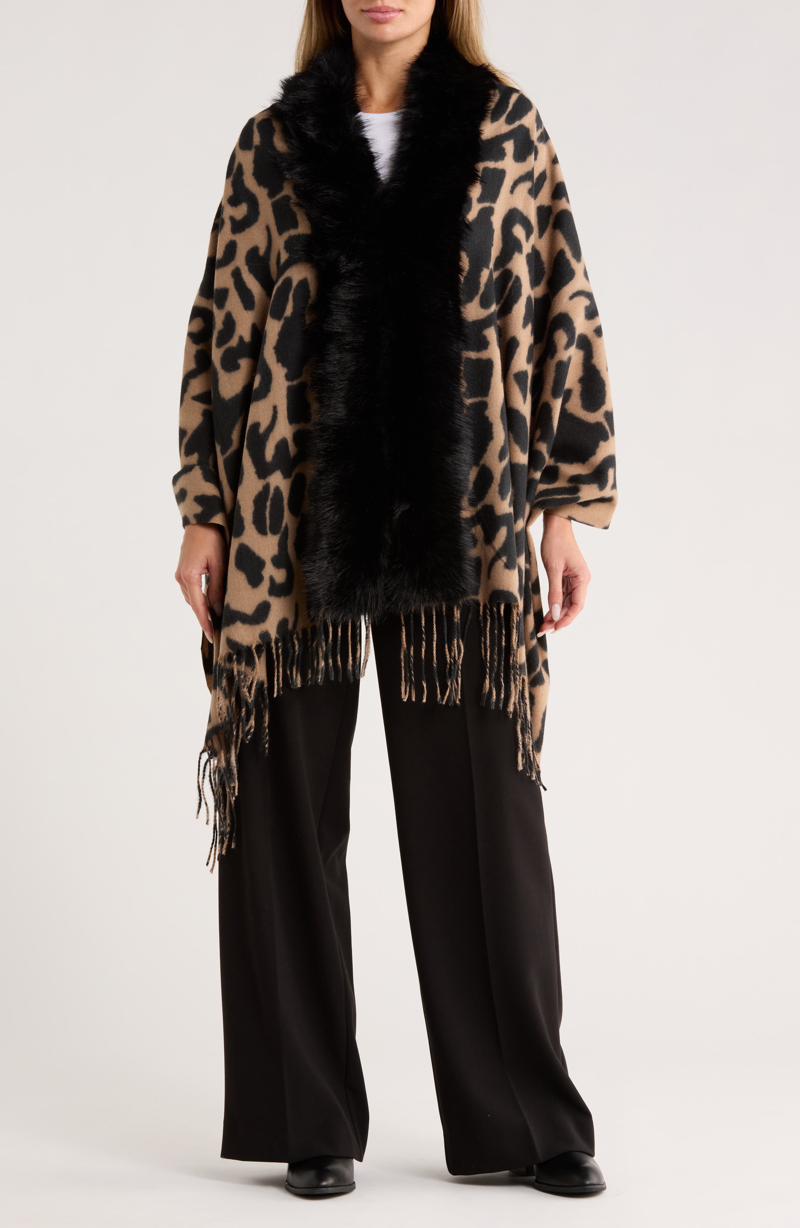 La Fiorentina Animal Print Faux Fur Trim Wrap