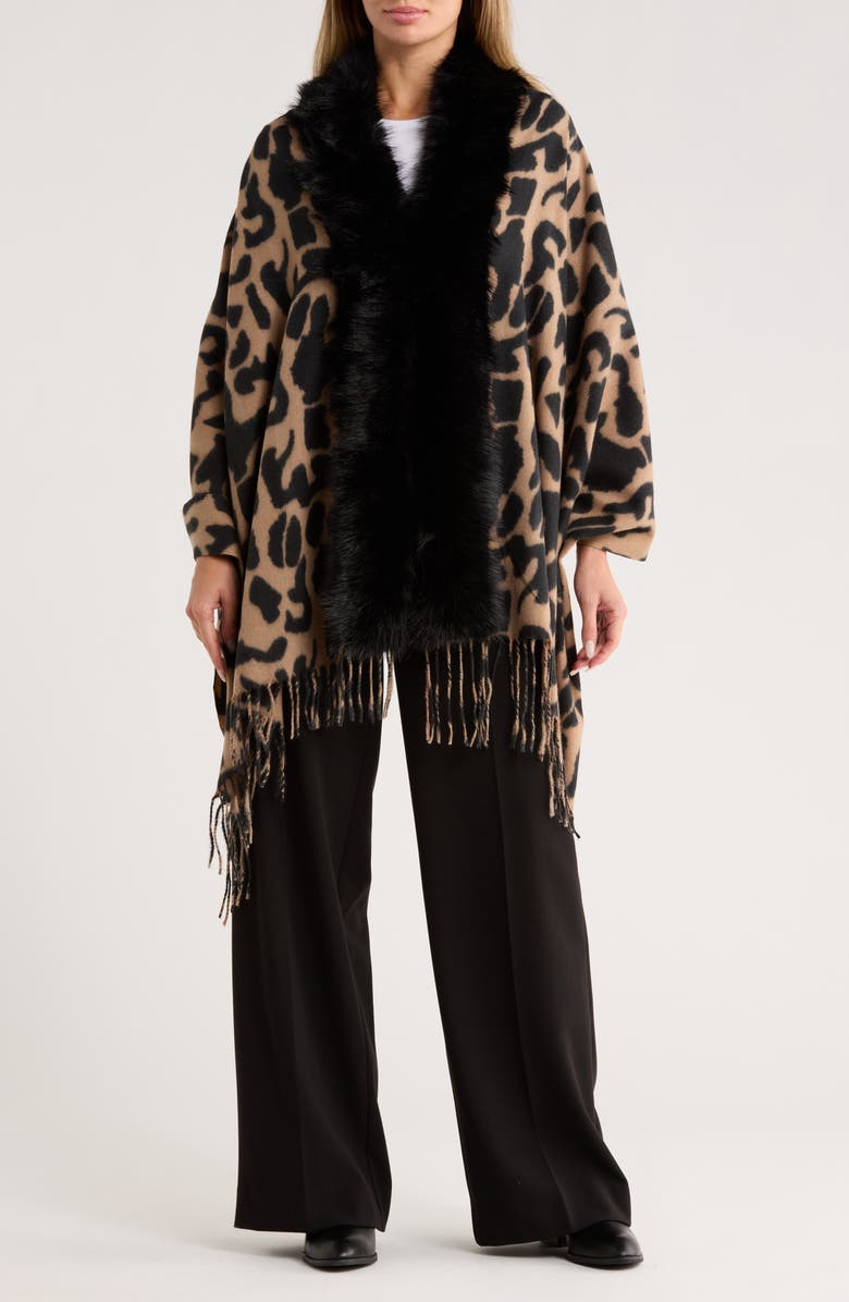 La Fiorentina Animal Print Faux Fur Trim Wrap, Main, color, Black