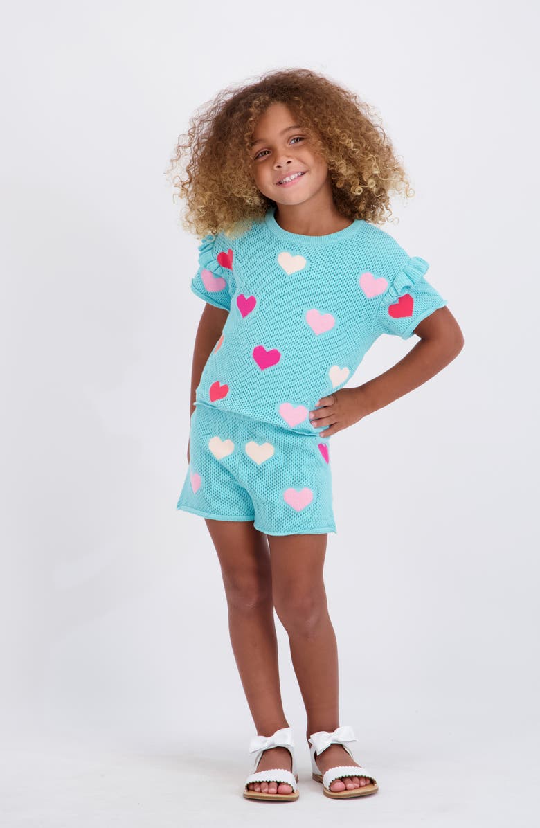 Andy & Evan Kids' Open Knit Top & Shorts Set, Alternate, color, Aqua Hearts