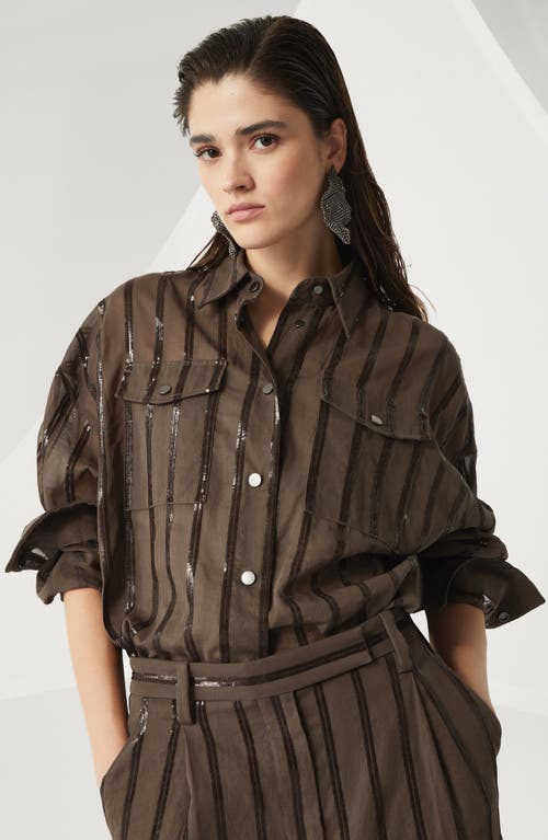 Brunello Cucinelli Cotton Organza Dazzling Stripe Jacket In Chocolate