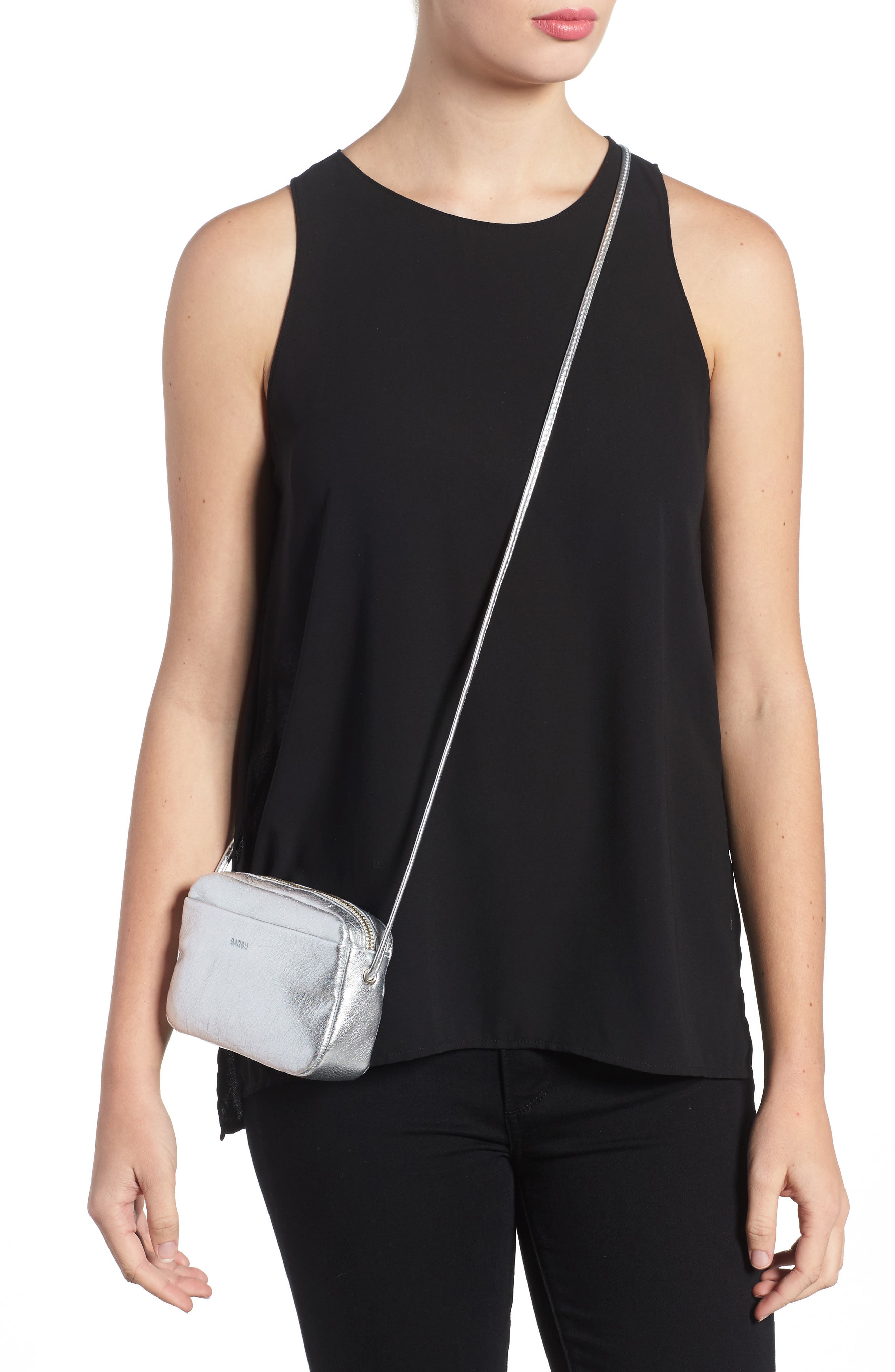 'Mini' Pebbled Leather Crossbody, Alternate, color, SILVER