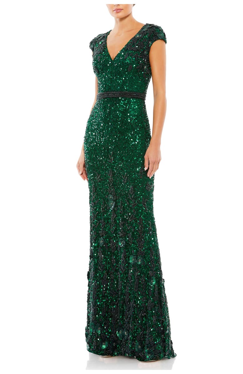Mac Duggal Embellished V Neck Cap Sleeve Sequin Gown, Main, color, 