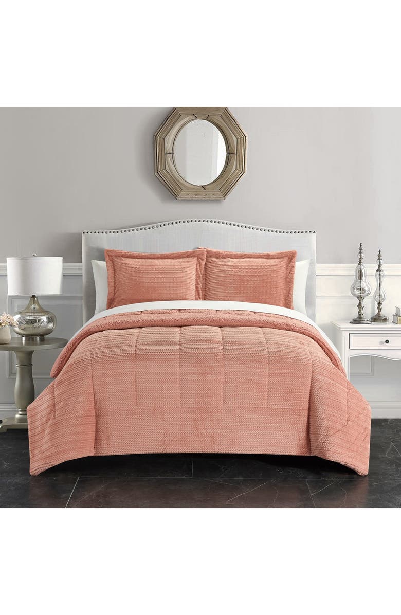 CHIC Rashid Ribbed Texture Microplush Faux Shearling Lined King Comforter 3-Piece Set - Beige, Main, color, 