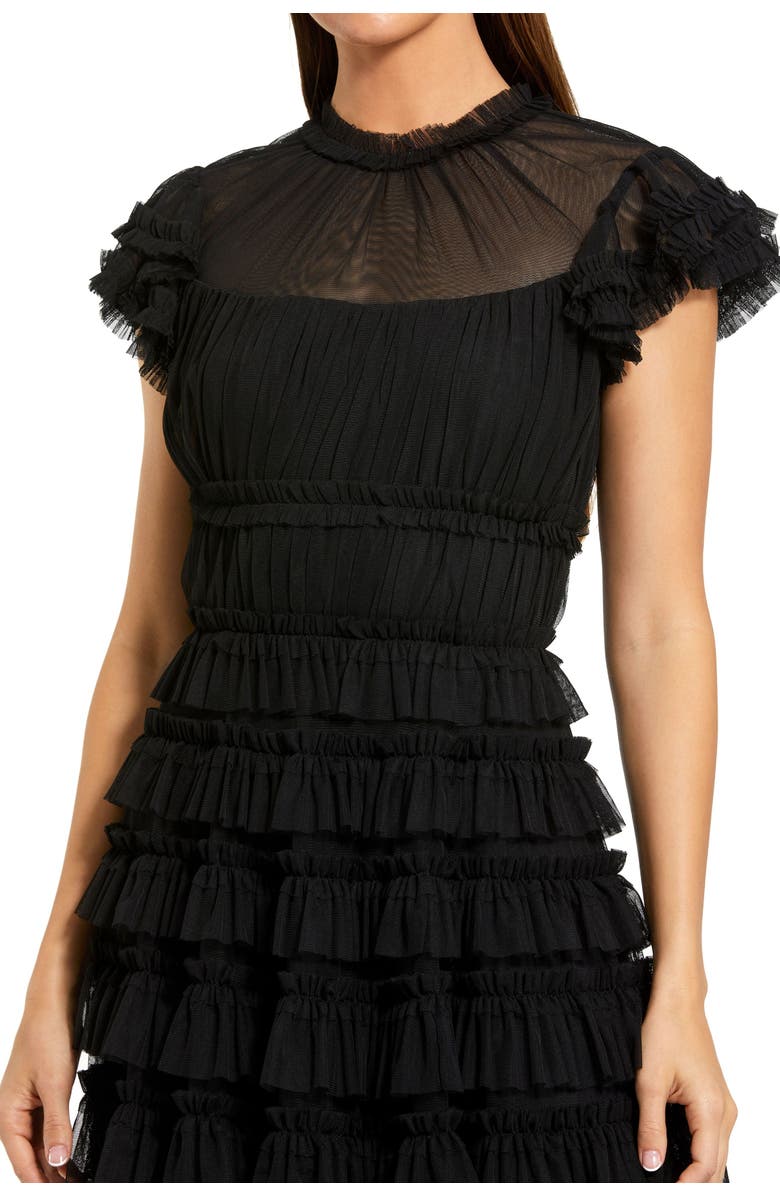 Mac Duggal Women's Ruffle High Neck Cap Sleeve Midi Dress, Alternate, color, Black