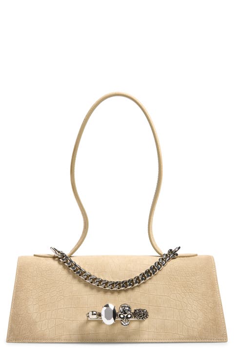Jeweled Croc Embossed Suede Top Handle Bag