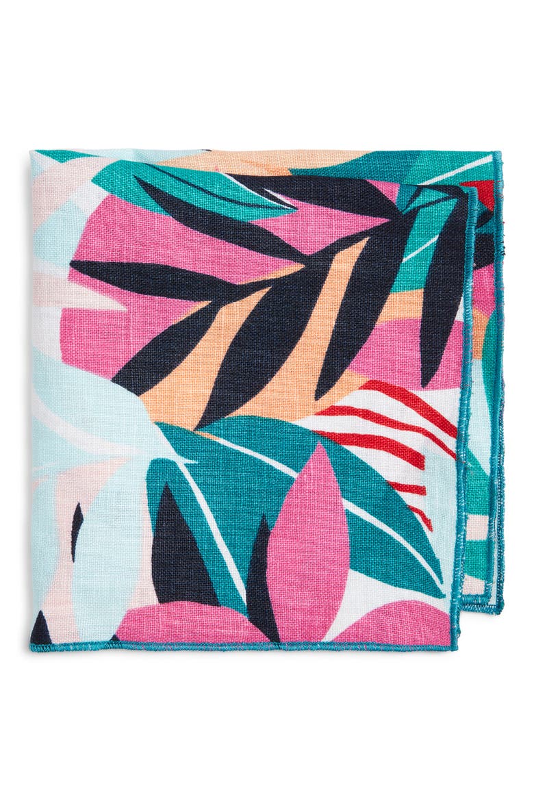 Floral Linen Pocket Square, Main, color, TEAL