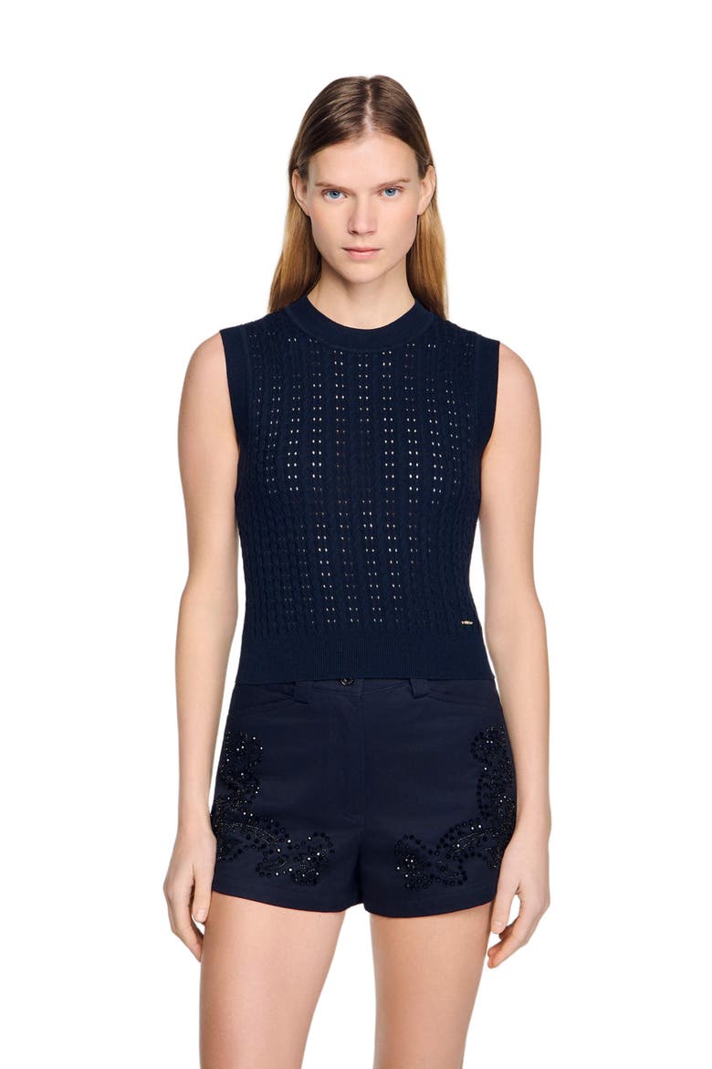 Cropped textured knit sweater, Main, color, Navy blue
