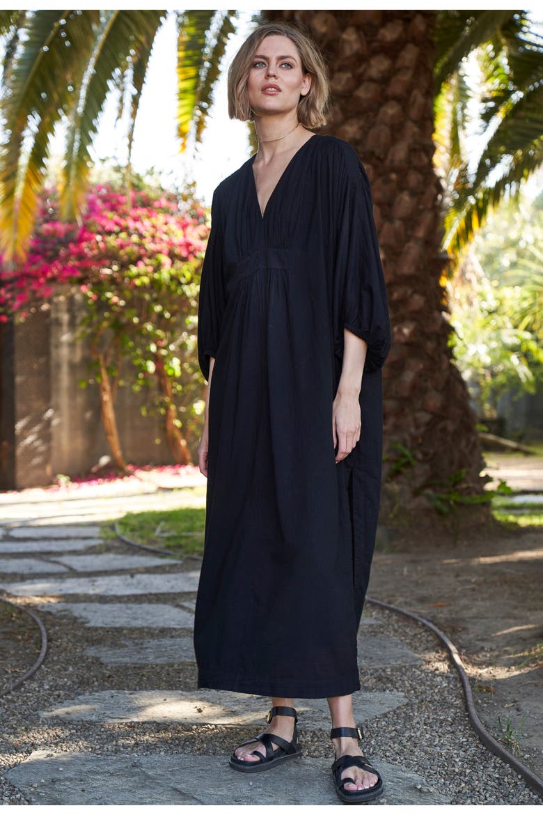 Rouched Shoulder Maxi Cotton Caftan, Alternate, color, Black
