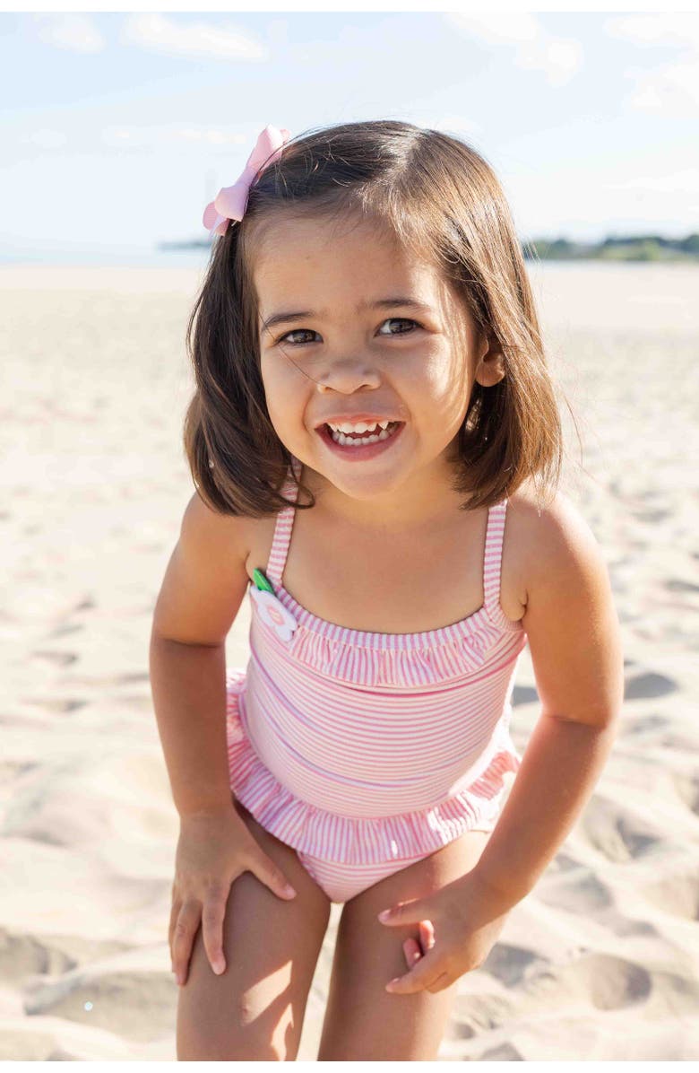 Florence Eiseman Stripe Seersucker Swimsuit with Flower, Alternate, color, Pink/White