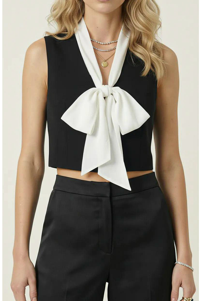 Cropped Sleeveless Top with Bow Tie Neck Detail, Main, color, Black / White