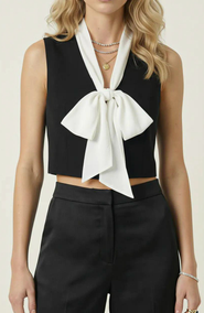 Modenaire Cropped Sleeveless Top with Bow Tie Neck Detail