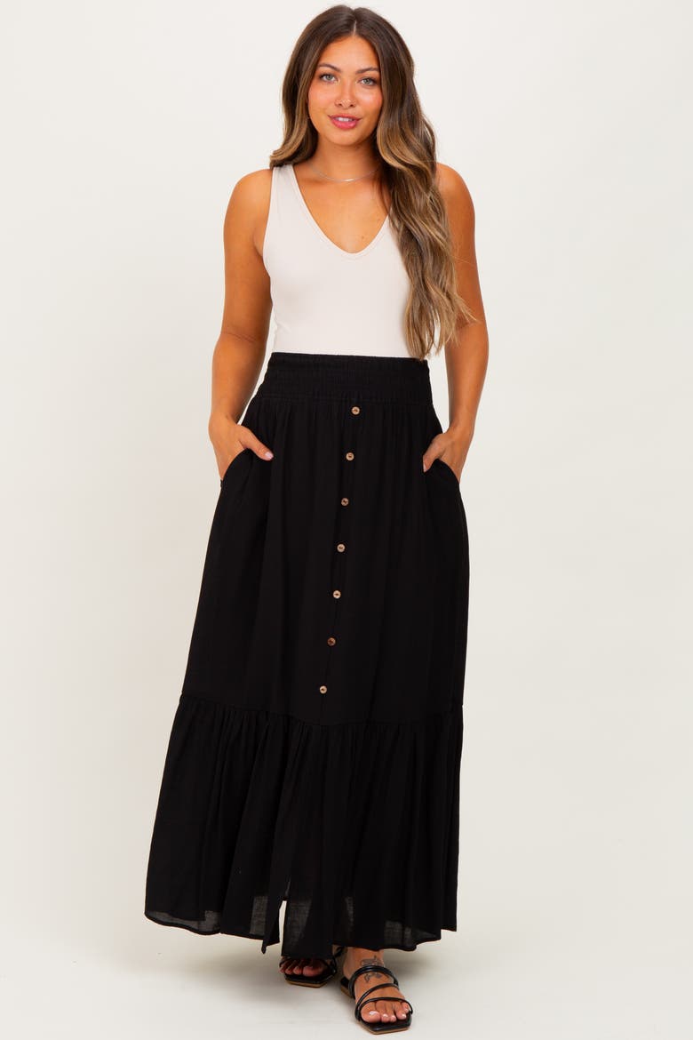 Smocked Waist Button Accent Maxi Skirt, Main, color, Black