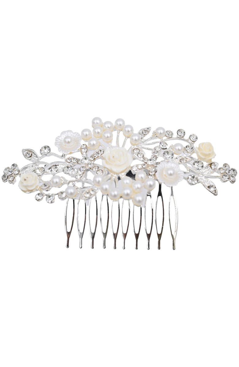 Tulleen Rhinestone Pearl and Floral Hair Comb, Main, color, Silver