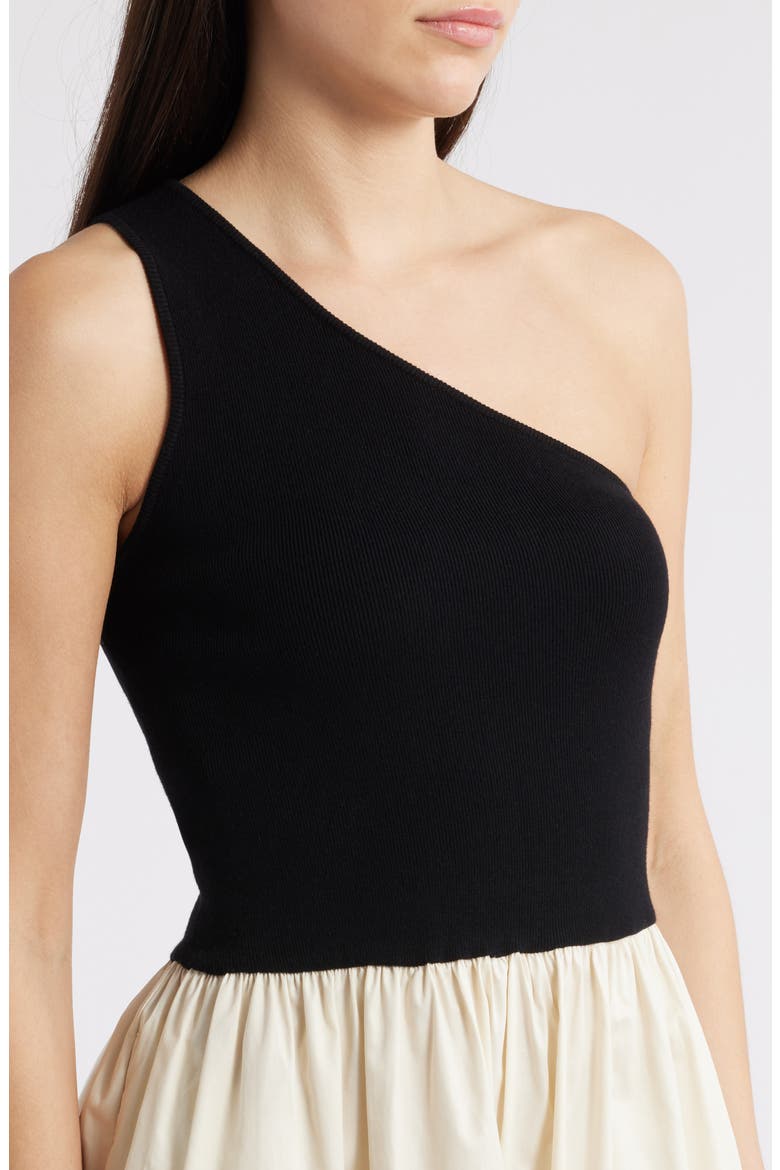 Anita One-Shoulder Colorblock Mixed Media Midi Dress, Alternate, color, BLACK IVORY