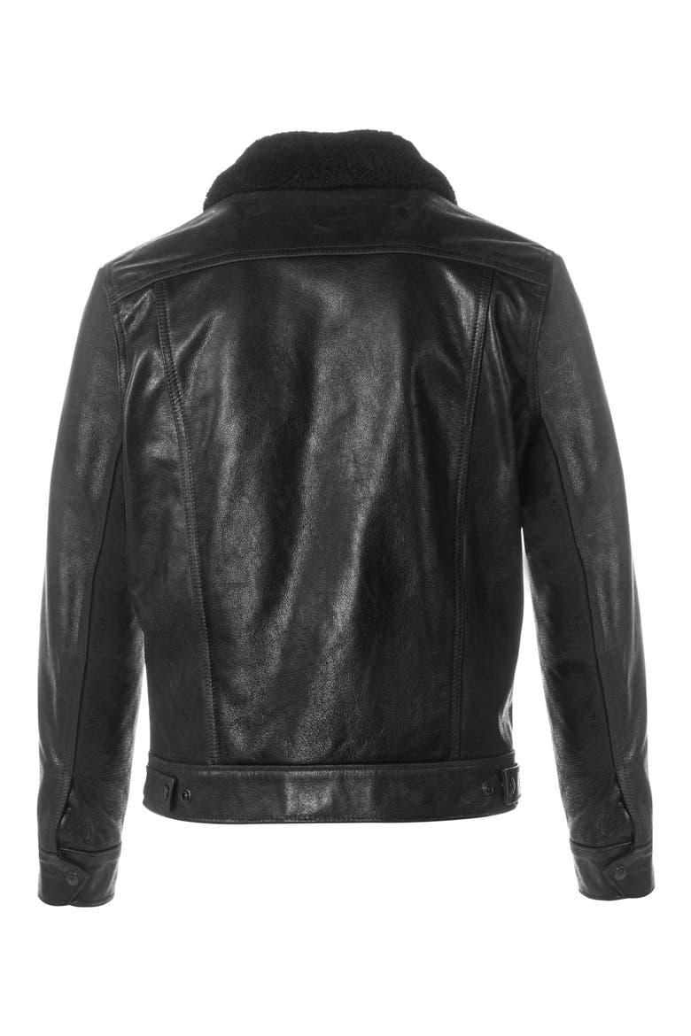 Leather Trucker Jacket with Genuine Sheepskin Collar, Alternate, color, BLACK