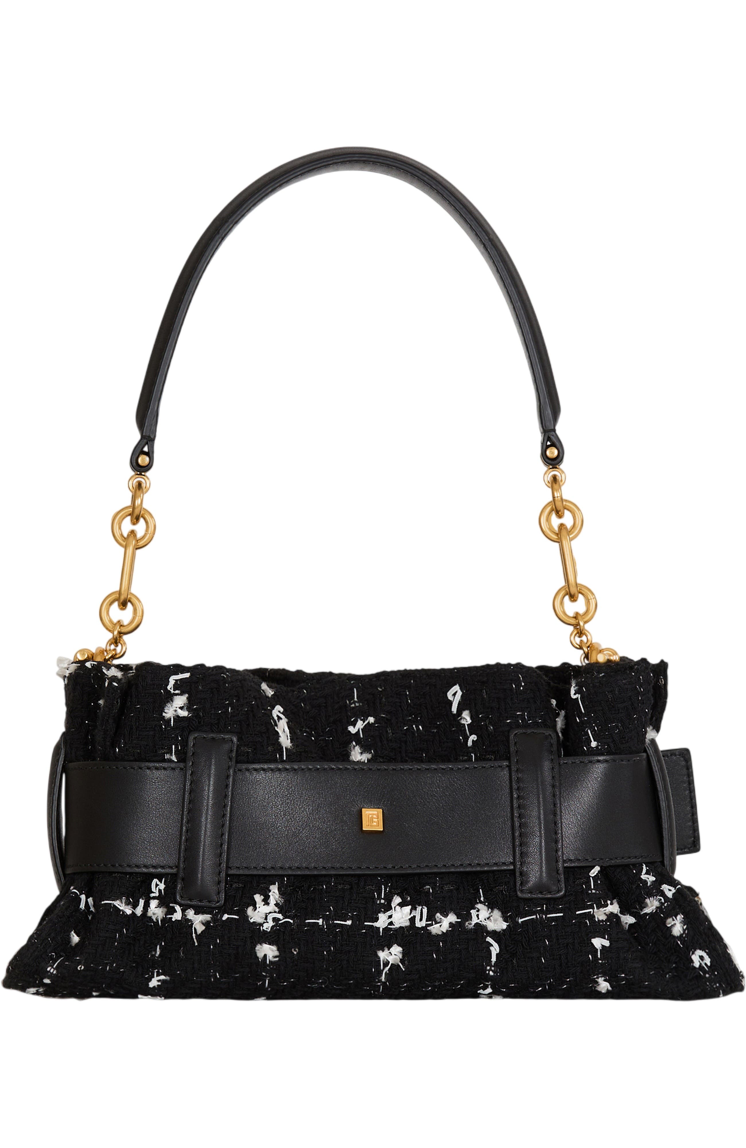 Balmain Mini Anthem bag in smooth leather and tweed, Alternate, color, Black