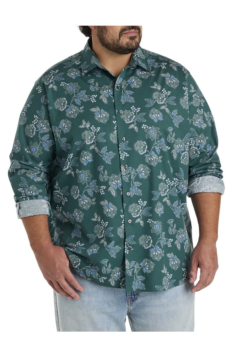 Synrgy by DXL Big & Tall Rolled-Sleeve Floral Print Sport Shirt, Main, color, Green