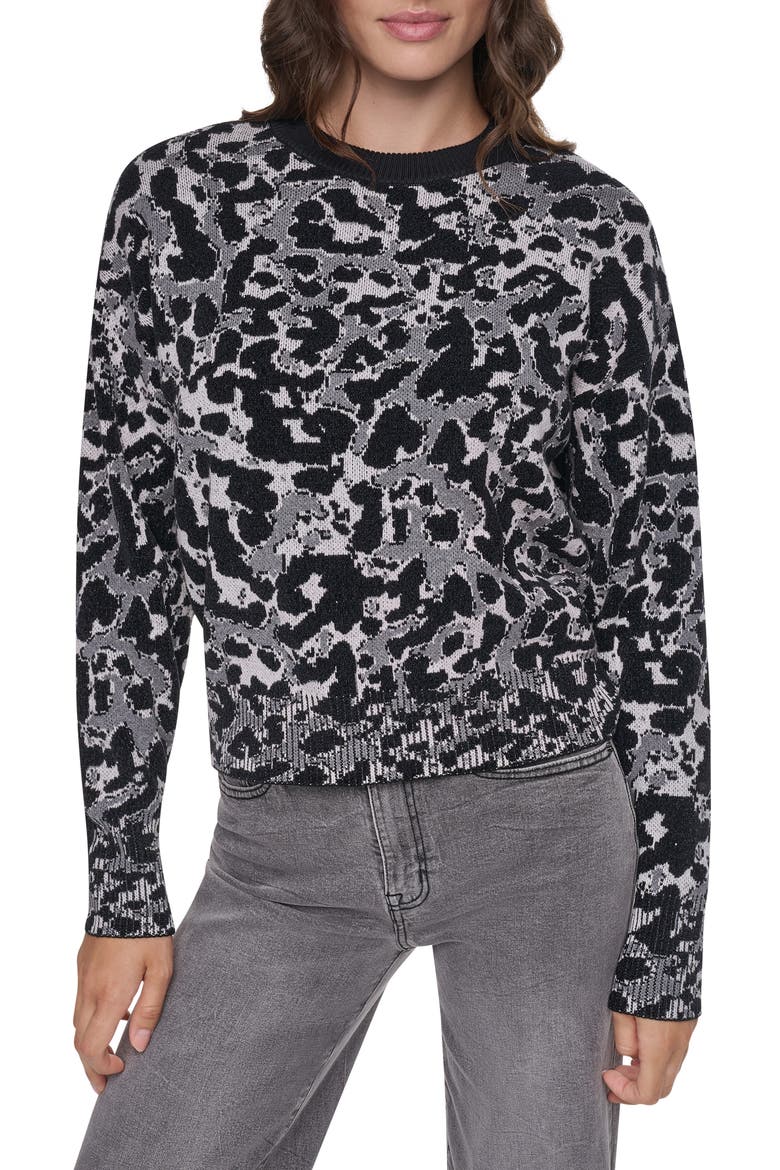 Leopard Jacquard Crewneck Sweater, Main, color, FEATHER HEATHER/BLACK