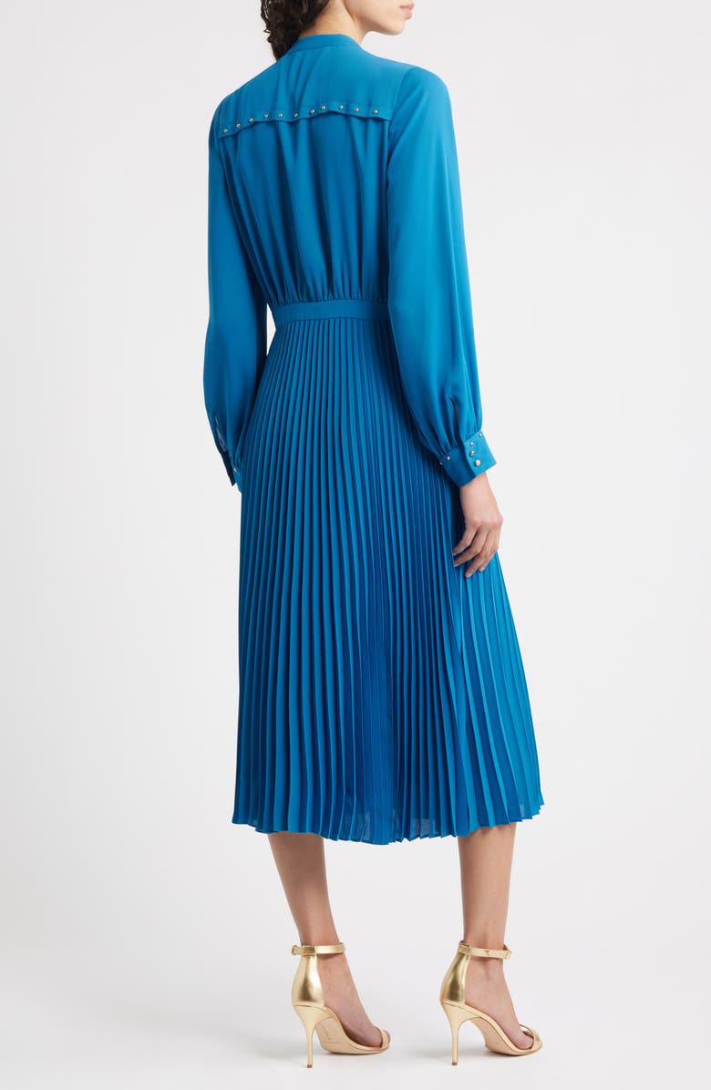 Elie Tahari The Alania Pleated Long Sleeve Midi Dress, Alternate, color, Blue Stone