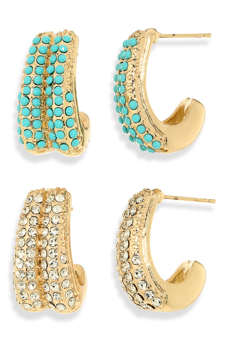 Set of 2 Crystal Assorted Hoop Earrings, Main, color, TURQUOISE/ CRYSTAL