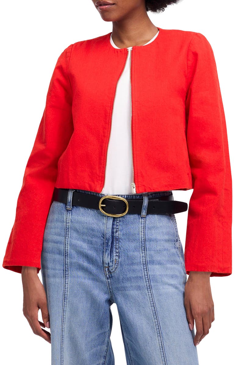 Madewell Cotton & Linen Blend Zip-Up Jacket, Main, color, Festival Red