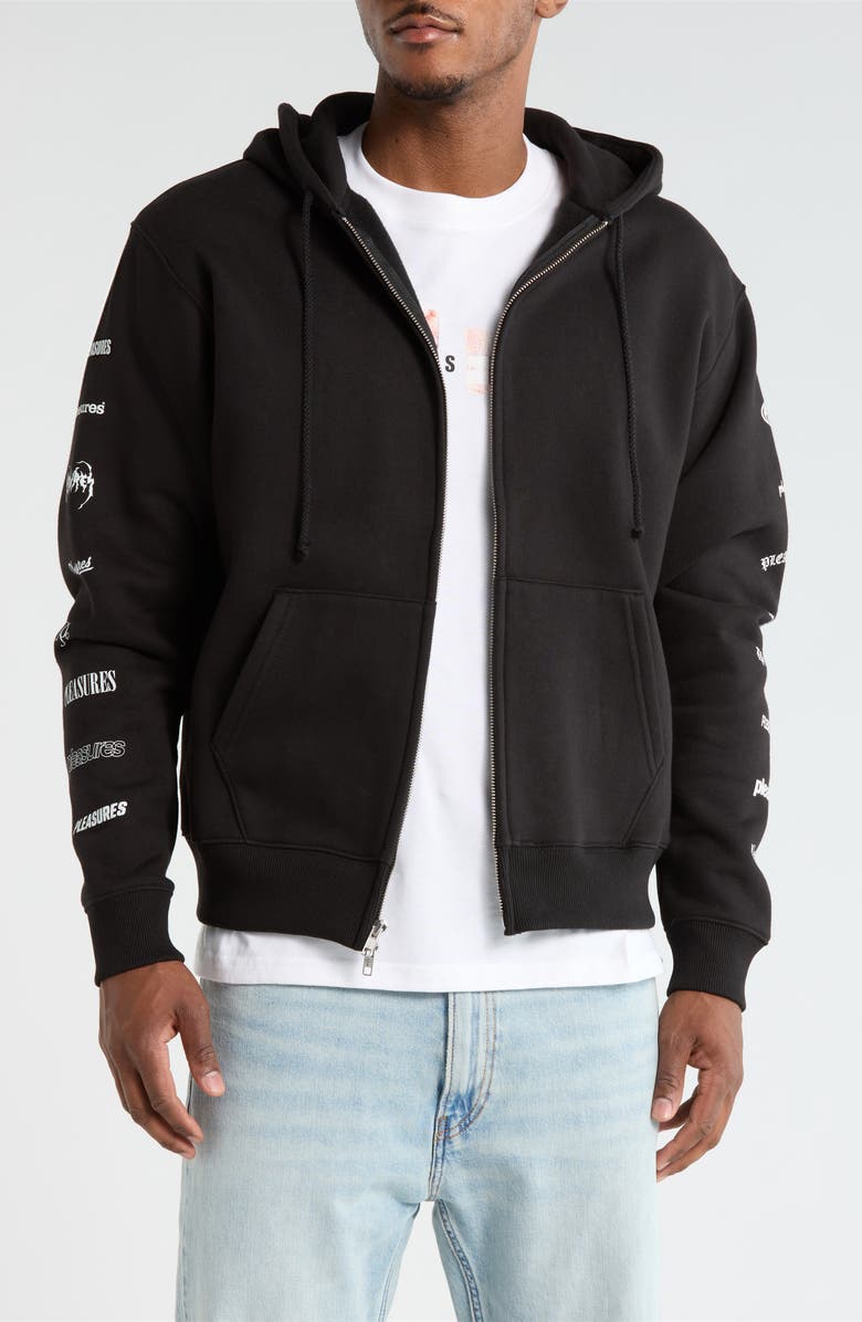 PLEASURES Woodmark Fleece Zip-Up Hoodie, Main, color, Black