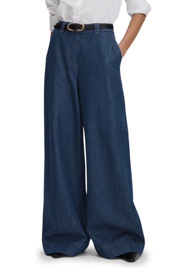 Reiss Dark Blue Petite Wide Leg Contrast Stitch Jeans In Dark Blue